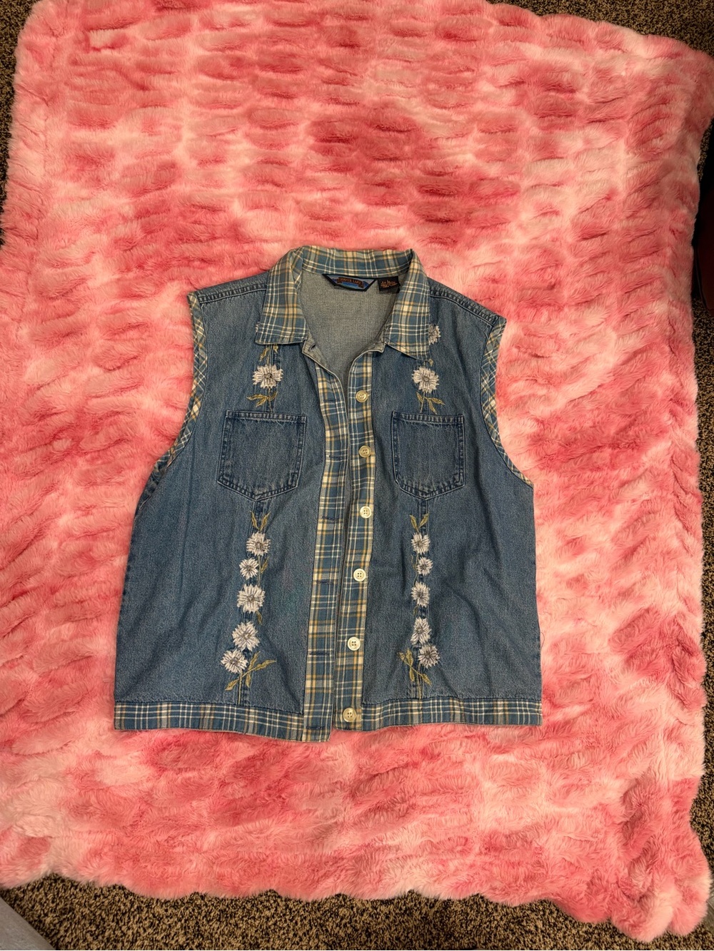 Vintage 80s Wrangler Silver Lake Floral Embroidered Denim Vest Plaid Trim
